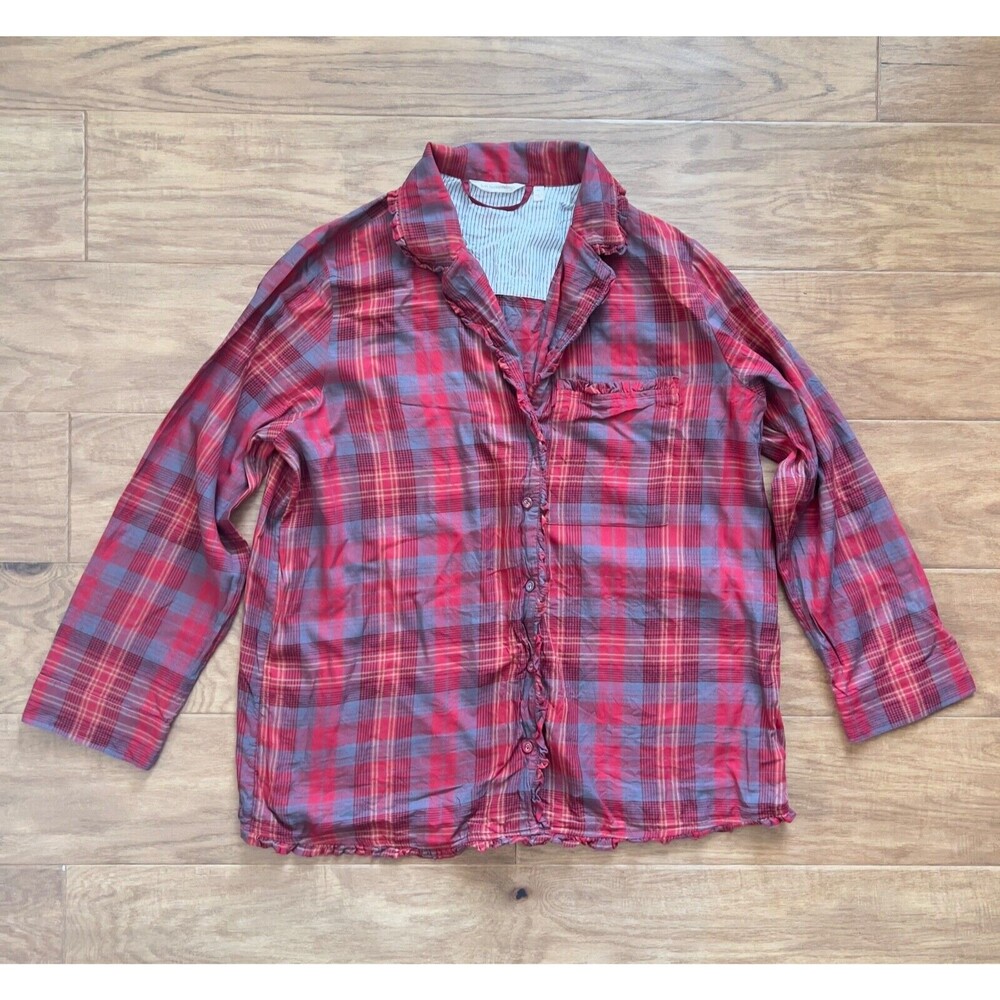 Soft Surroundings Pajama Top Size XL Night Divine Button Up Red Plaid Ruffle